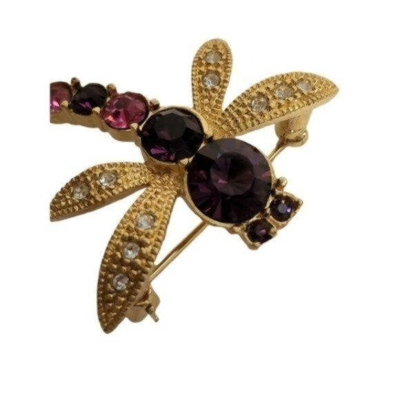 Vintage Dragonfly Brooch Pin Pink‎ Purple Clear Rhinestones - Picture 4 of 12